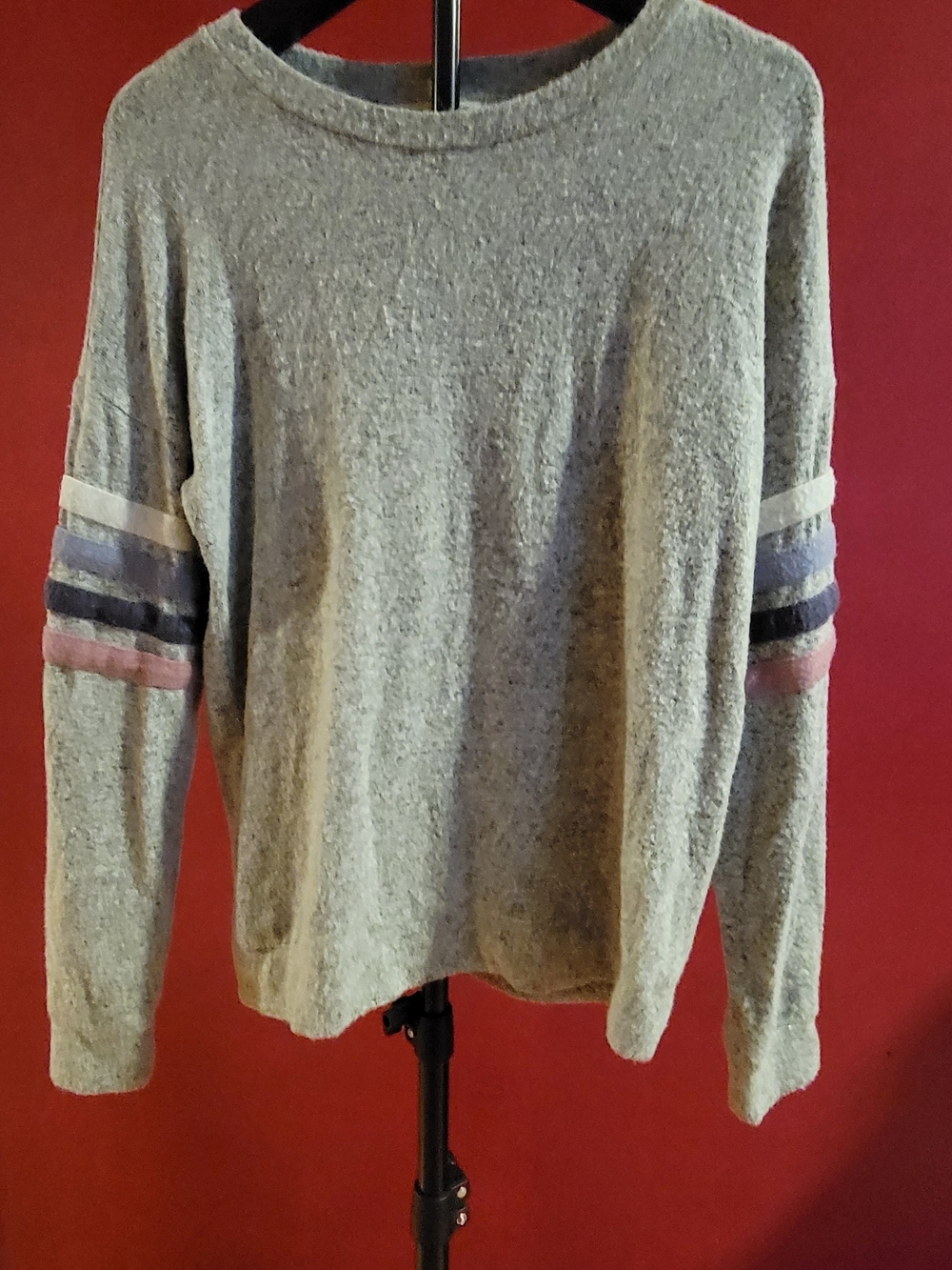 Pink Rose-Stripe Sleeve Crewneck Sweater